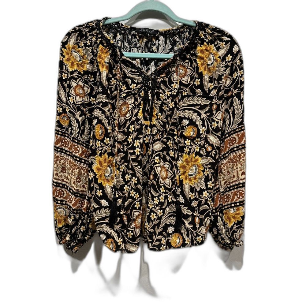 Rachel Zoe Blouse Floral Black Gold Y2K Rayon Boho Cottage Peasant Women Small